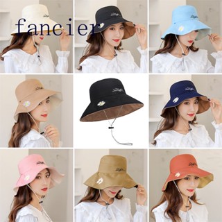 Fancier หมวกปีกกว้าง ป้องกันรังสียูวี ปักลายดอกเดซี่ สองด้าน แฟชั่นฤดูร้อน สําหรับชาวประมง