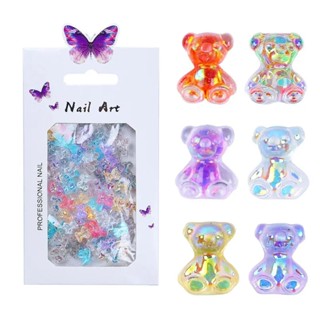 ( หมีรุ้ง ตัวเล็ก คละสี ซองขาว ) หมีเจลลี่เเบร์ติดเล็บ 40ตัว ขนาด6มิล Mixed 40Pcs 3D Aurora Sequin Bear ของแต่งเล็บ