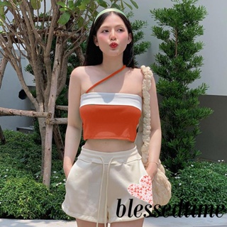 Blessedtime- เสื้อสายเดี่ยว แขนกุด โชว์สะดือ สีคอนทราสต์ แฟชั่นฤดูร้อน สําหรับผู้หญิง