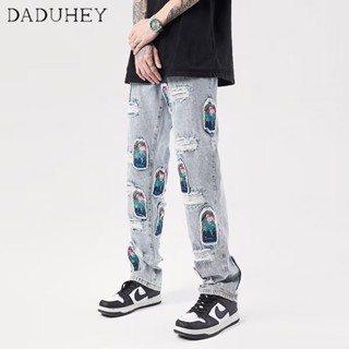 DaDuHey🔥 2023 Summer American Style Thin Straight Hole Jeans Mens High Street Vibe Fashion Brand Loose Casual Pants