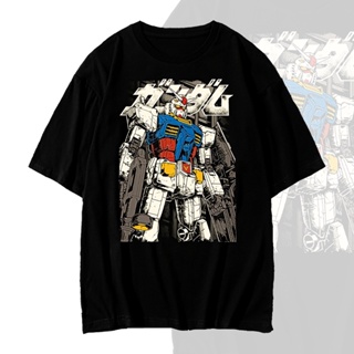 GUNDAM แฟชั่นเสื้อยืดแขนสั้นลายการ์ตูน (S-5XL) ผ้าฝ้ายคอกลมพิมพ์ลายต้นฉบับใหญ่ เสื้อคู่