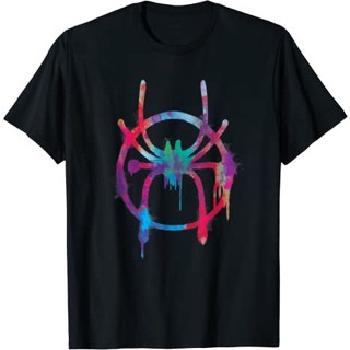 [S-5XL][S-5XL]QVเสื้อยืดแขนสั้น ผ้าฝ้าย 100% พิมพ์ลาย Marvel Spider Man Into the Spider Verse Rainbow Icon แฟชั่นสําหรับ