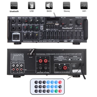 เครื่องขยายเสียง 2000W 12V / 220V 2ช่องบลูทูธEQ Equalizerเครื่องขยายเสียงสเตอริโอHifiวิทยุFM USB 4ไมโครโฟนรีโมทคอนโทรล