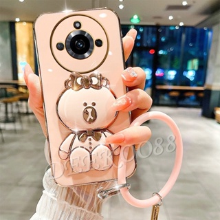 เคสโทรศัพท์มือถือนิ่ม ลายหมีน่ารัก พร้อมขาตั้งกระจก และสายคล้องมือ สําหรับ Realme 11 10 Pro+ Pro 5G Coca-Cola Edition C53 C55 NFC 4G Plus Realme11Pro