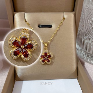 Fancy สร้อยคอโซ่เหล็กไทเทเนียม จี้รูปดอกไม้ห้ากลีบ สีแดง แฟชั่นสําหรับผู้หญิง