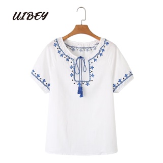 Uibey เสื้อคอกลม ปักลาย ประดับพู่ สไตล์ฝรั่งเศส 22448