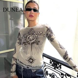 Dunea เสื้อยืด แขนยาว ผ้าตาข่ายโปร่งใส บาง ยืดหยุ่น พิมพ์ลาย สําหรับผู้หญิง