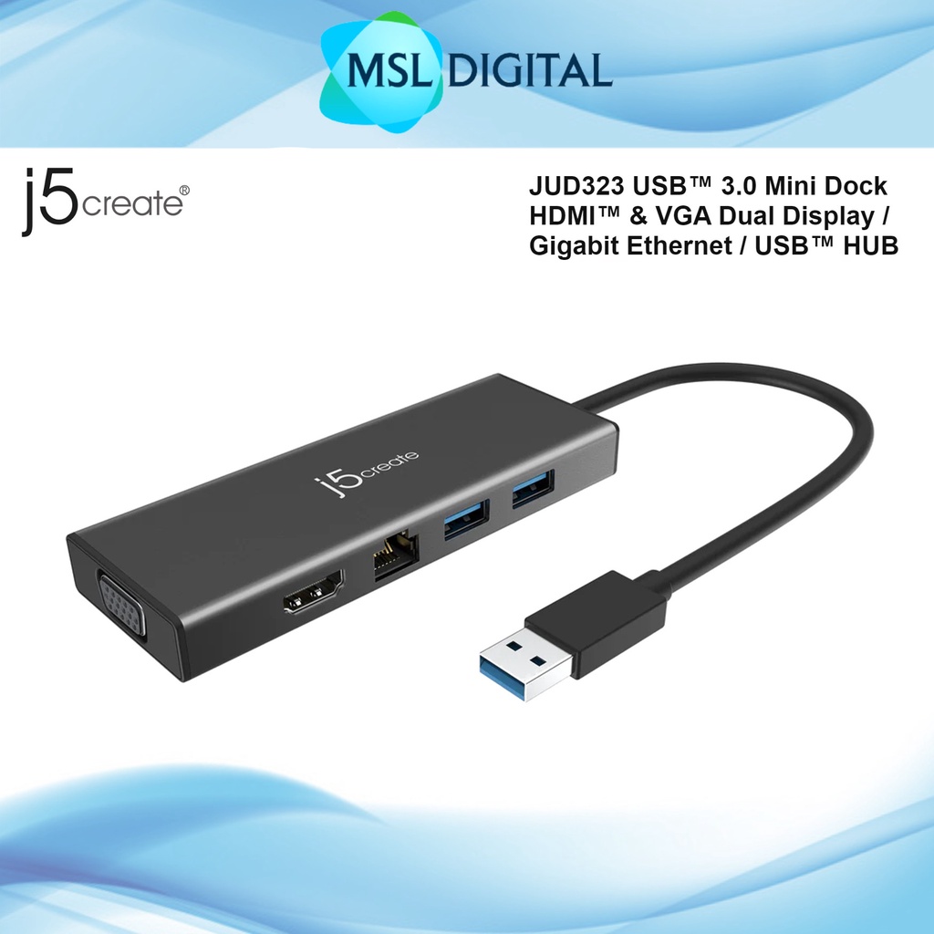 J5create JUD323 USB 3.0 Mini Dock HDMI และ VGA Dual Display / Gigabit Ethernet / USB HUB