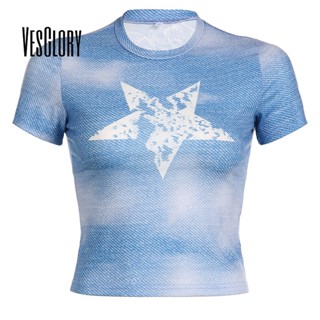 Vesglory เสื้อครอปท็อป คอกลม แขนสั้น พิมพ์ลายดาว สีตัดกัน เซ็กซี่ สําหรับผู้หญิง 2023