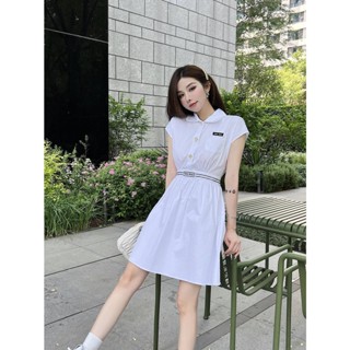 XZOH MIU MIU 23 spring and summer new princess style waist letter embroidery contrast color slimming all-match dress