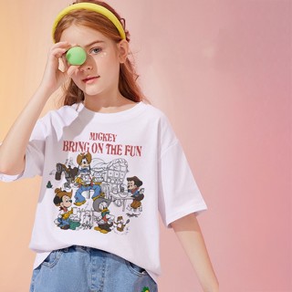 เสื้อยืดแขนสั้นลําลอง พิมพ์ลาย Mickey Bring on The Fun สไตล์เกาหลีตะวันตก สําหรับเด็กผู้ชาย และเด็กผู้หญิง