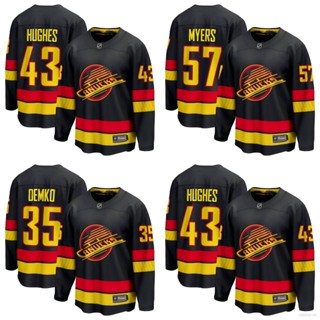 เสื้อกีฬาแขนยาว ลาย HQ1 NHL Vancouver Canucks Jersey Hughes Demko Myers สีดํา พลัสไซซ์ QH1