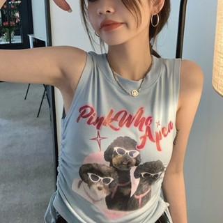 เสื้อยืดคอกลม แขนกุด พิมพ์ลาย สีฟ้า แฟชั่นฤดูร้อน สําหรับผู้หญิง