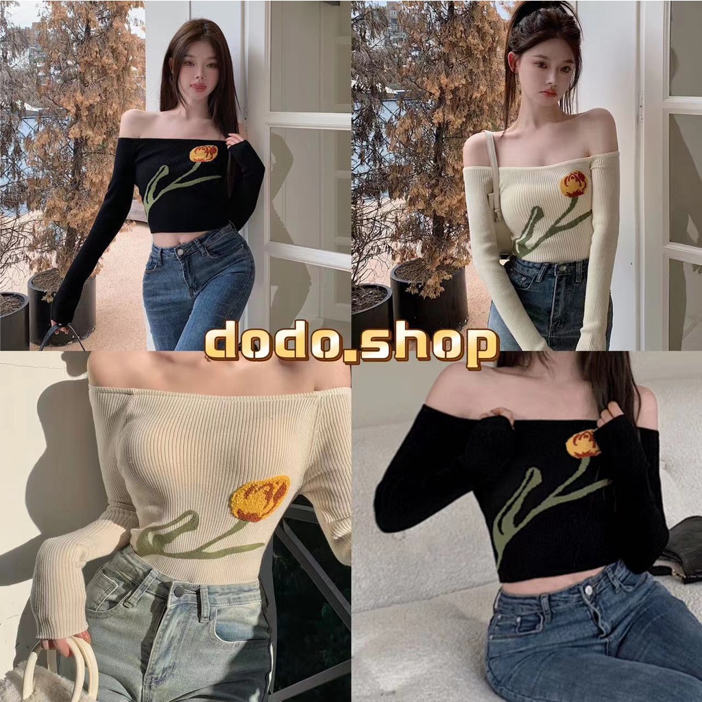 DODO*สินค้าใหม่พร้อมส่ง เสื้อไหมพรมแขนยาวคอเหลี่ยมลาย ดอกทิวลิปน่ารักสไตล์เกาหลี (98116)