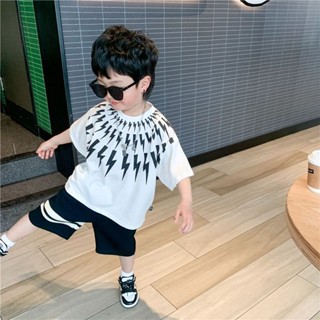 ✨[พร้อมส่ง] เสื้อยืดคอกลม แขนสั้น พิมพ์ลายฟ้าผ่า 3-12Y ทรงหลวม ระบายอากาศ ดูดซับเหงื่อ สไตล์เกาหลี ลําลอง สุดเท่ แฟชั่นฤดูร้อน สําหรับเด็กผู้ชาย