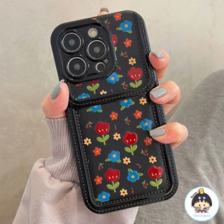 เคสโทรศัพท์มือถือ TPU นิ่ม กันกระแทก ลายภาพวาดสีน้ํามัน รูปดอกไม้ สีดํา สไตล์เรโทร สําหรับ iPhone 11 12 13 14 Pro Max