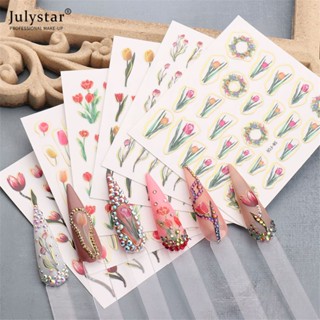 JULYSTAR Netizen Spring Day Tulip Nail Sticker Pink Oil Painting Style Tulip Flower Adhesive Waterproof Nail Sticker