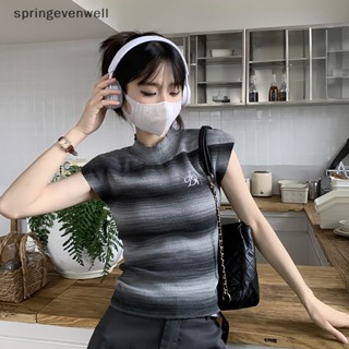 [springevenwell] ใหม่ พร้อมส่ง เสื้อครอปท็อป แขนสั้น คอเต่า ปักลายทาง สไตล์เรโทร ฤดูร้อน สําหรับผู้หญิง