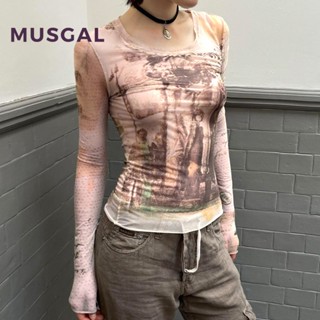 Musgal เสื้อยืดลําลอง แขนยาว คอกลม โปร่งแสง พิมพ์ลาย สไตล์เรโทร สําหรับสตรี 2023