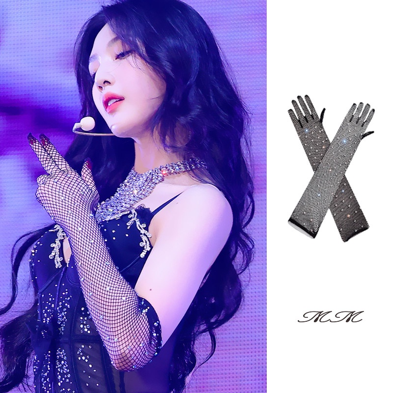 Joy ถุงมือตาข่าย ประดับเพชรเทียม สีดํา เซ็กซี่ สําหรับเต้นรํา การแสดงบนเวที