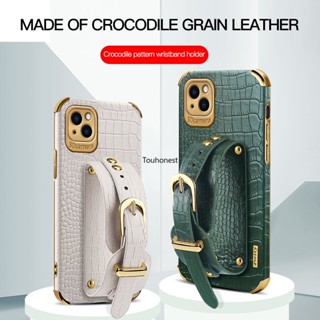 For Apple เคสไอโฟน iPhone 14 Pro Max เคส iPhone 15 Pro Max Casing iPhone X XS Case iPhone XR Case iphone 15 Plus Case iPhone 14 Plus Case Anti shock soft shell crocodile grain leather wrist strap mobile phone cover cassing cases โทรศัพท์มือถือหนังจระเข้