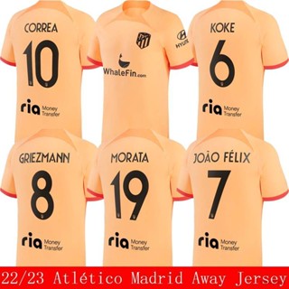 เสื้อกีฬาแขนสั้น ลายทีมฟุตบอล Atletico Madrid Jersey Third Away Koke Felix Morata Correa Griezmann HQ7 2022 2023 สําหรับผู้ชาย และผู้หญิง QH7
