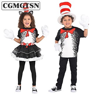 Cgmgtsn ดร. ชุดคอสเพลย์การ์ตูนแมว Seuss The Cat In The Hat เหมาะกับงานปาร์ตี้ฮาโลวีน สําหรับเด็กผู้หญิง และเด็กผู้ชาย