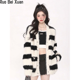 Ruo Bei Xuan เสื้อคาร์ดิแกนขนสัตว์ใหม่ของผู้หญิงหลวมอเนกประสงค์ลายถักด้านบน