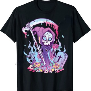 เทรนด์ใหม่ เสื้อยืดลําลอง แขนสั้น พิมพ์ลายฮาโลวีน สีพาสเทล Goth Creepy Death Grim Reaper Kawaii Occult Menhera สําหรับผู้ชาย