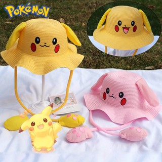 หมวกฟางกันแดด ลายการ์ตูนโปเกม่อน ปิกาจูน่ารัก ขยับได้ สําหรับแม่ และลูก