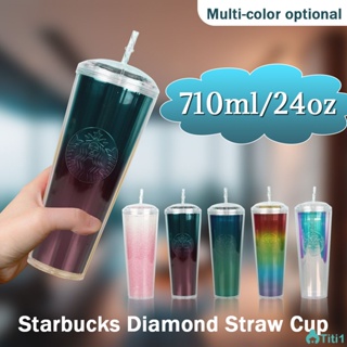 แก้วน้ำคู่ติดเพชร 710ml/24oz พร้อมหลอดดูดและโลโก้ Starbucks Cup นำกลับมาใช้ใหม่ได้ (อนุญาตความแตกต่างของสี) TH1