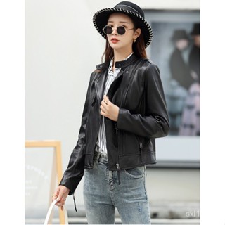 [Autumn New Product] [no compensation for selling out] small leather coat womens short Haining Leather first layer sheep leather motorcycle leather jacket PBAJ