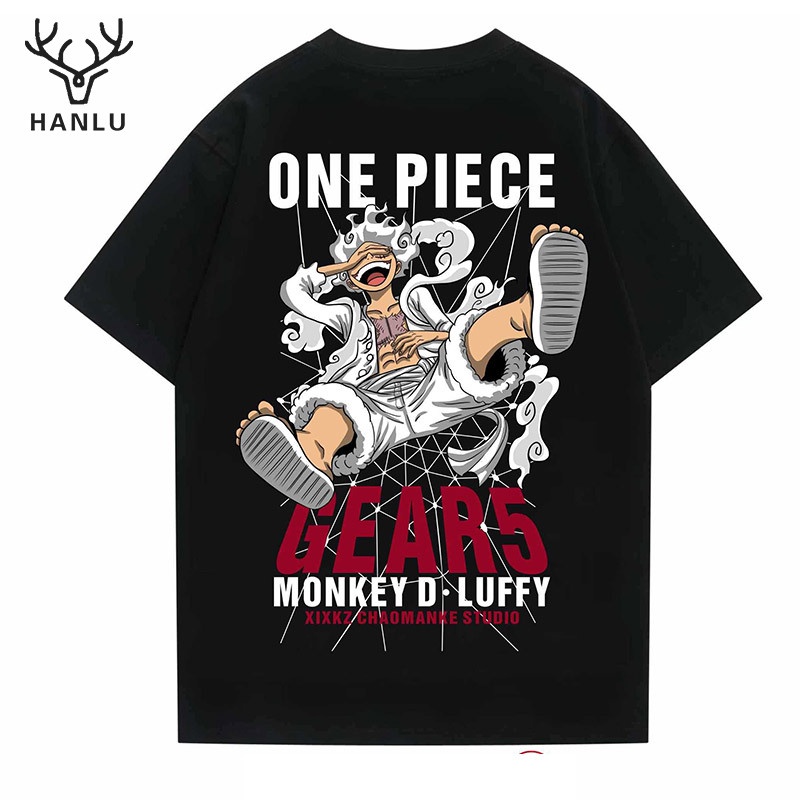 HANLU เทรนด์ใหม่ 5 เกียร์ลูฟี่เสื้อยืดคอกลมแขนสั้นชายญี่ปุ่นพิมพ์ เสื้อยืดผู้ชายผ้าฝ้ายหนักทุกแมตช์ OnePiece