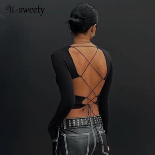 U-sweety เสื้อยืดแขนยาว เปิดหลัง เซ็กซี่ สีพื้น สําหรับผู้หญิง 2023