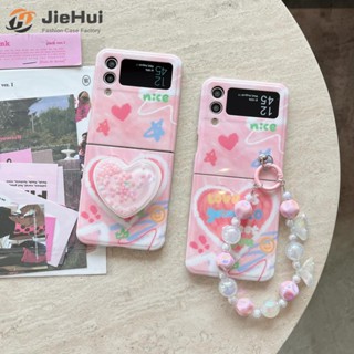 Jiehui เคสโทรศัพท์มือถือแฟชั่น ลายตัวอักษรภาษาอังกฤษ หัวใจ พร้อมโซ่ขาตั้ง สําหรับ Samsung Z Flip4 Z Flip3