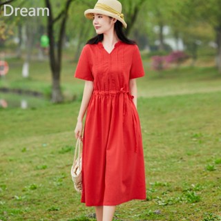 Red linen dress womens high-end summer thin new original high-end short-sleeved cotton and linen dress