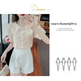 พร้อมส่งจากไทย เสื้อตุ๊กตาปกออกแบบหวานน่ารัก ดอกไม้แขนพอง เสื้อเชิ้ตแขนสั้นผู้หญิงสีเหลือง