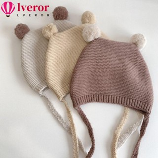 Lveror หมวกถัก ผ้าฝ้าย ปอมปอม สีพื้น ป้องกันหู สําหรับเด็กทารกผู้ชาย 4-28 เดือน