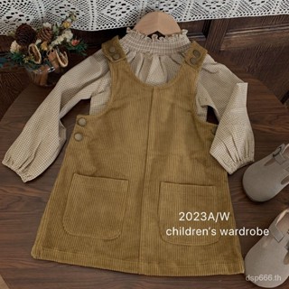 Korean-style childrens clothing 2023 Autumn New girls Western style plaid shirt fashionable corduroy suspender skirt two-piece fashionable GUCL