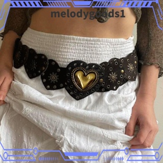 Melodygoods1 เข็มขัดหนัง PU ประดับหมุด รูปหัวใจ สีขาว สไตล์โบโฮวินเทจ เรโทร สําหรับผู้หญิง Y2k