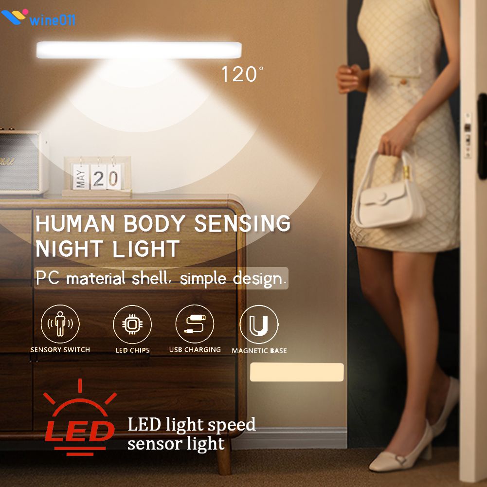 แท่งไฟเซนเซอร์ตรวจจับความเคลื่อนไหวไร้สาย 8 รูปแบบ - ร่างกายมนุษย์ตรวจจับไฟกลางคืนแบบพกพาแบบชาร์จไฟได้แถบไฟ LED ตู้ครัวตู้เสื้อผ้าห้องนอนโคมไฟกลางคืน wine011