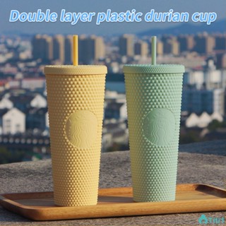 Morandi Color Starbucks Coffee Cup Double Layer Plastic Durian Cup Coffee Straw Cup 710ml/24oz Unisex Portable Water Cup TH1