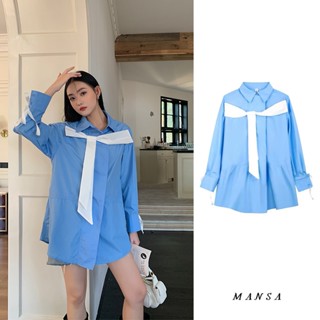 MANSA blue bow shirt เสื้อโอเวอร์ไซส์ เสื้อเชิ้ตแขนยาว