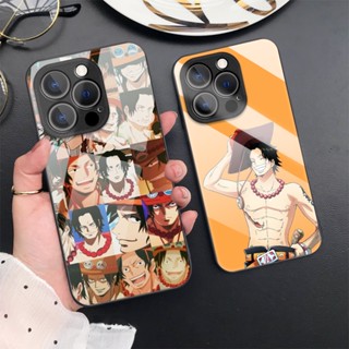 เคสโทรศัพท์มือถือกระจกนิรภัย แบบแข็ง ป้องกันเลนส์ ลายการ์ตูนอนิเมะ One Piece Ace สําหรับ iPhone 14 Pro Max 13 12 11 X XR XS 7 8 Plus SE 2020