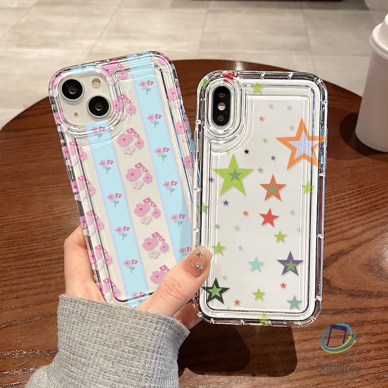 คู่เคสโทรศัพท์โปร่งใสสำหรับ Iphone 11 12 13 14 15 ProMax XR X XS 7 6 8Plus ดาวดอกไม้เต็มหน้าจอ อ่อนนุ่มกันกระแทกเปลือก