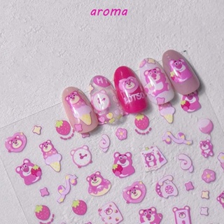 Aroma สติกเกอร์ตกแต่งเล็บ ลายการ์ตูนหมี สตรอเบอร์รี่ สีชมพู DIY