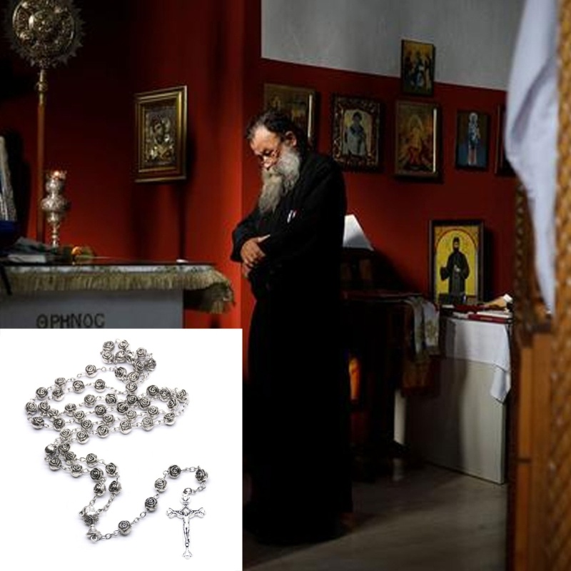 BST คาทอลิกสร้อยคอลูกประคําดอกกุหลาบลูกปัดสวดมนต์โซ่ยาวจี้ข้าม