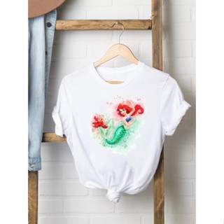 เสื้อยืดแขนสั้นดิสนีย์สีน้ำ Mermaid แนวโน้ม Mickey Mouse Tee เสื้อผู้หญิงแฟชั่นแบบลำลองพิมพ์เสื้อผ้าการ์ตูนแขนสั้นเสื้อย