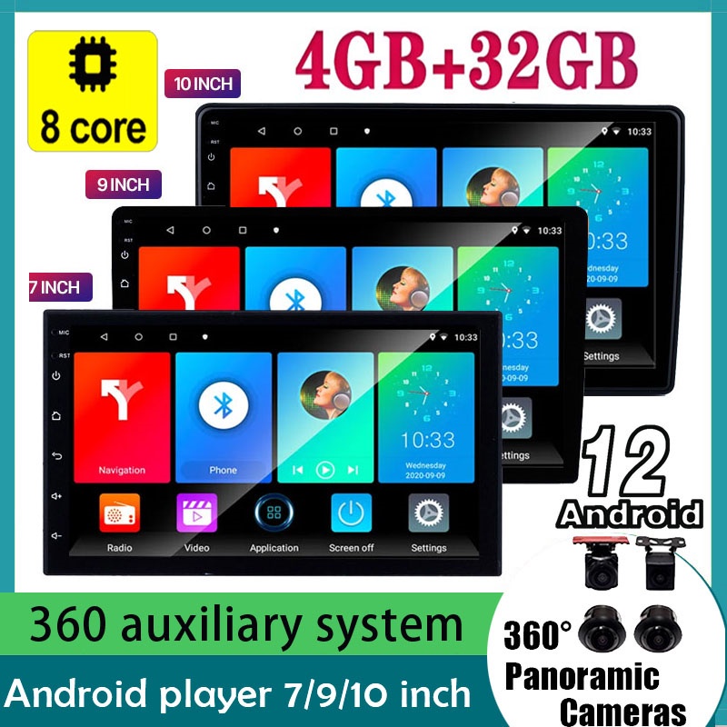 จอแอนดรอยด์ติดรถยนต์  8core-2.6GHz Double Din Android 12 Radio Kereta7 9 10 นิ้ว (4GB RAM+32GB) รองรับ EQ WIFI บลูทูธ 360 กล้องพาโนรามา สําหรับรถยนต์