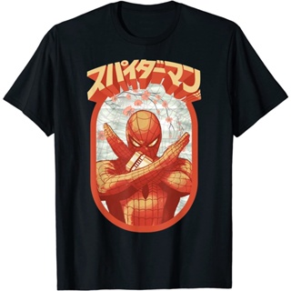 เสื้อยืดแขนสั้นMarvel Spider-Man Retro Floral Kanji Poster T-Shirt เสื้อยืดS-5XL